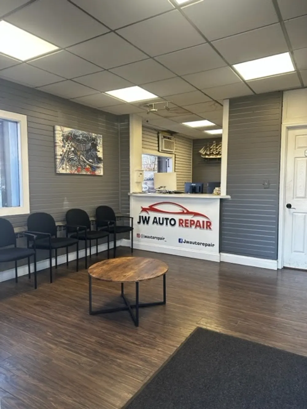 The welcoming reception area at JW Auto Repair in Framingham
